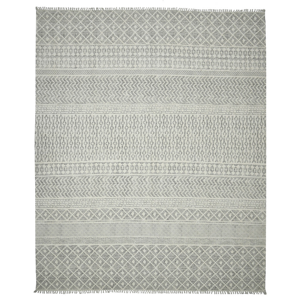 8 X 12 Gray Geometric Flatweave Handmade Distressed Rug With Fringe