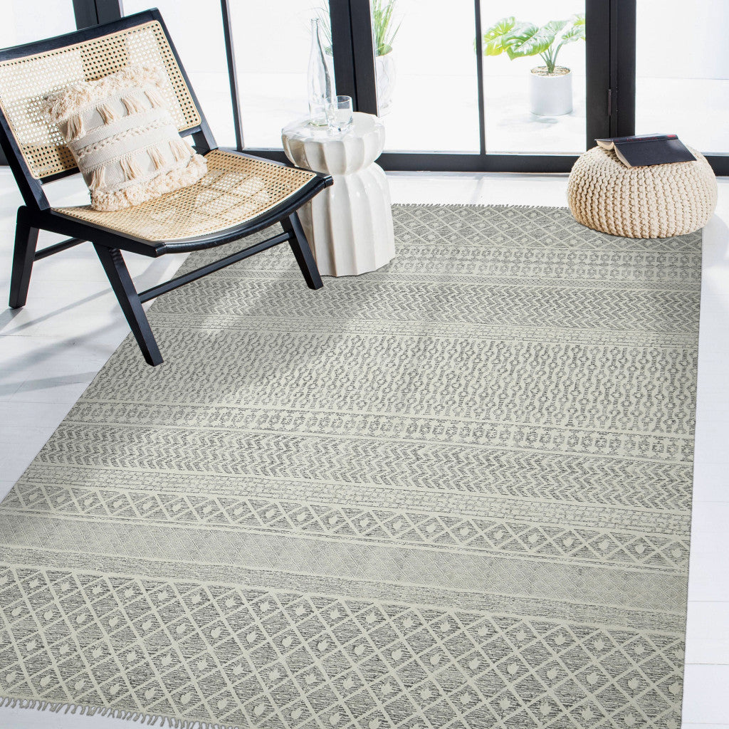8 X 12 Gray Geometric Flatweave Handmade Distressed Rug With Fringe