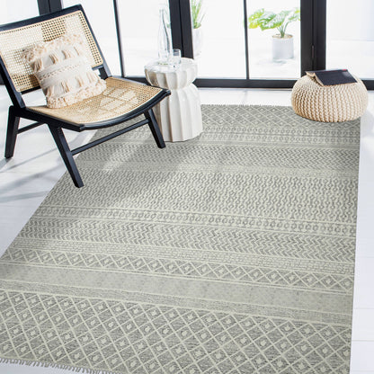 8 X 12 Gray Geometric Flatweave Handmade Distressed Rug With Fringe