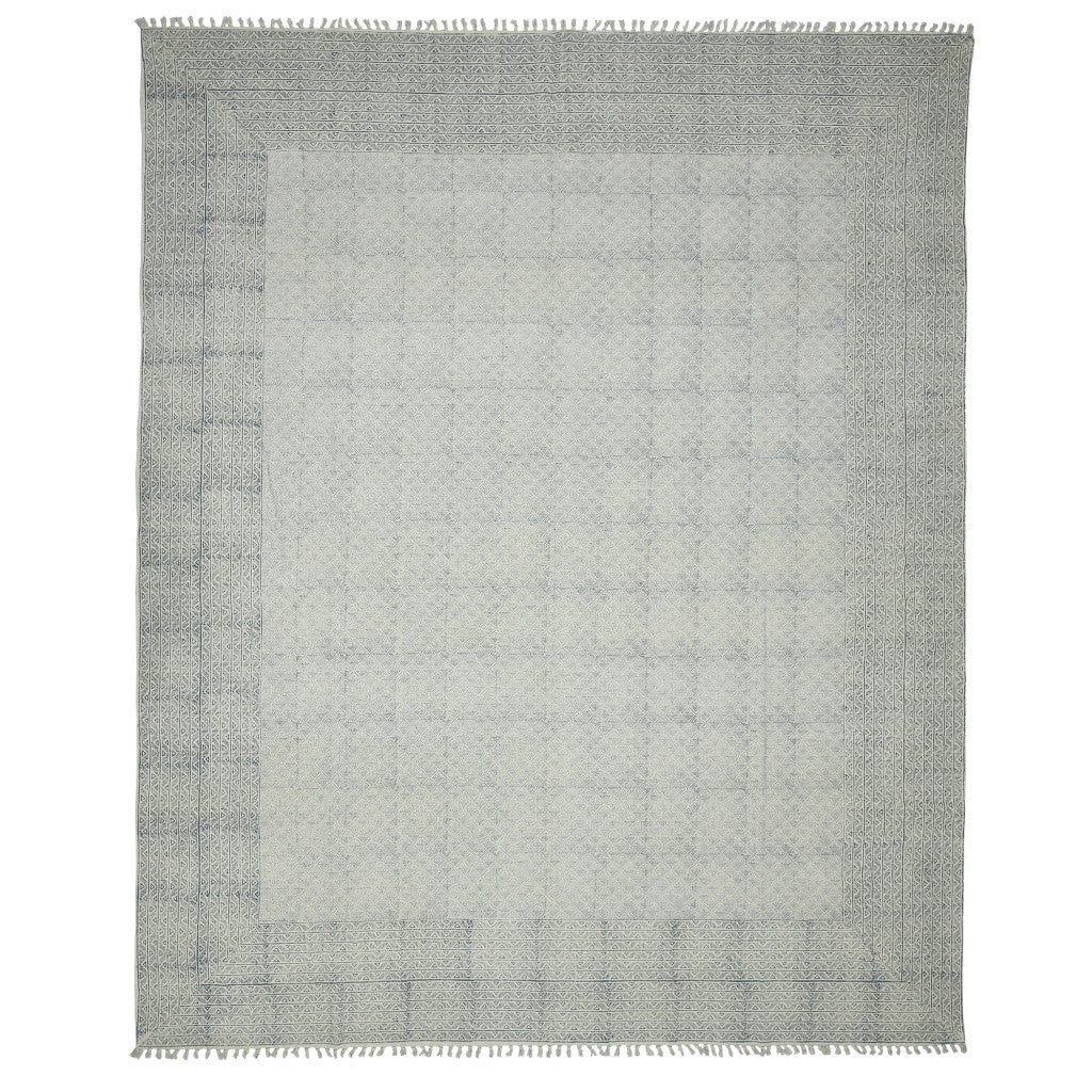 8 X 12 Blue Geometric Flatweave Handmade Distressed Rug With Fringe
