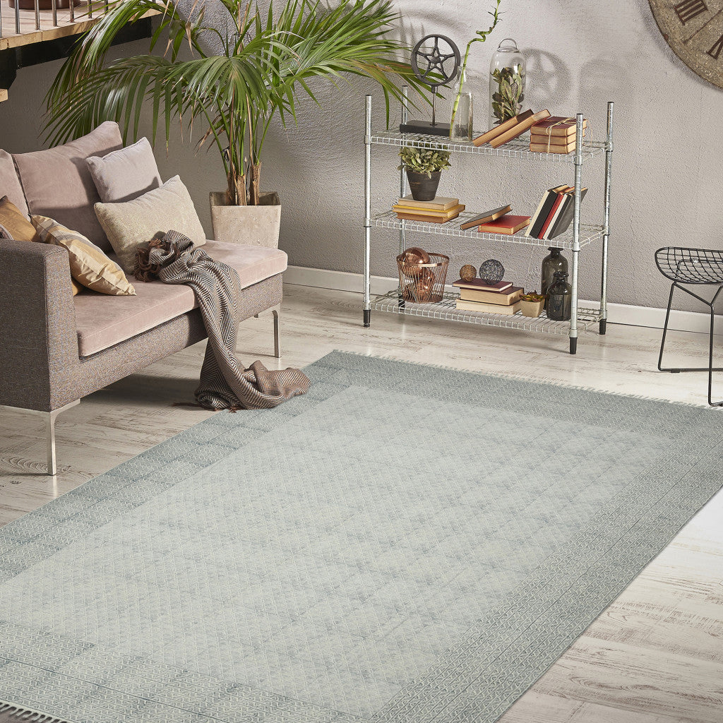 8 X 12 Blue Geometric Flatweave Handmade Distressed Rug With Fringe