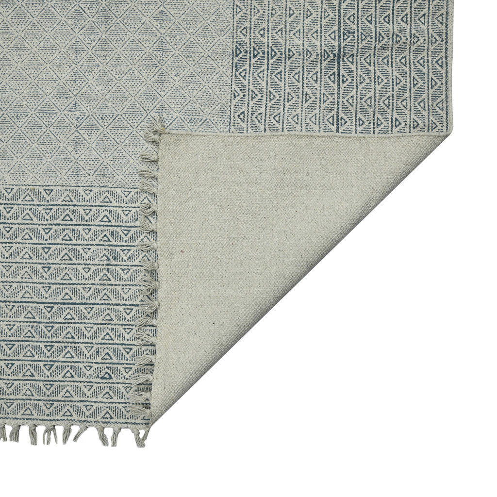 8 X 12 Blue Geometric Flatweave Handmade Distressed Rug With Fringe
