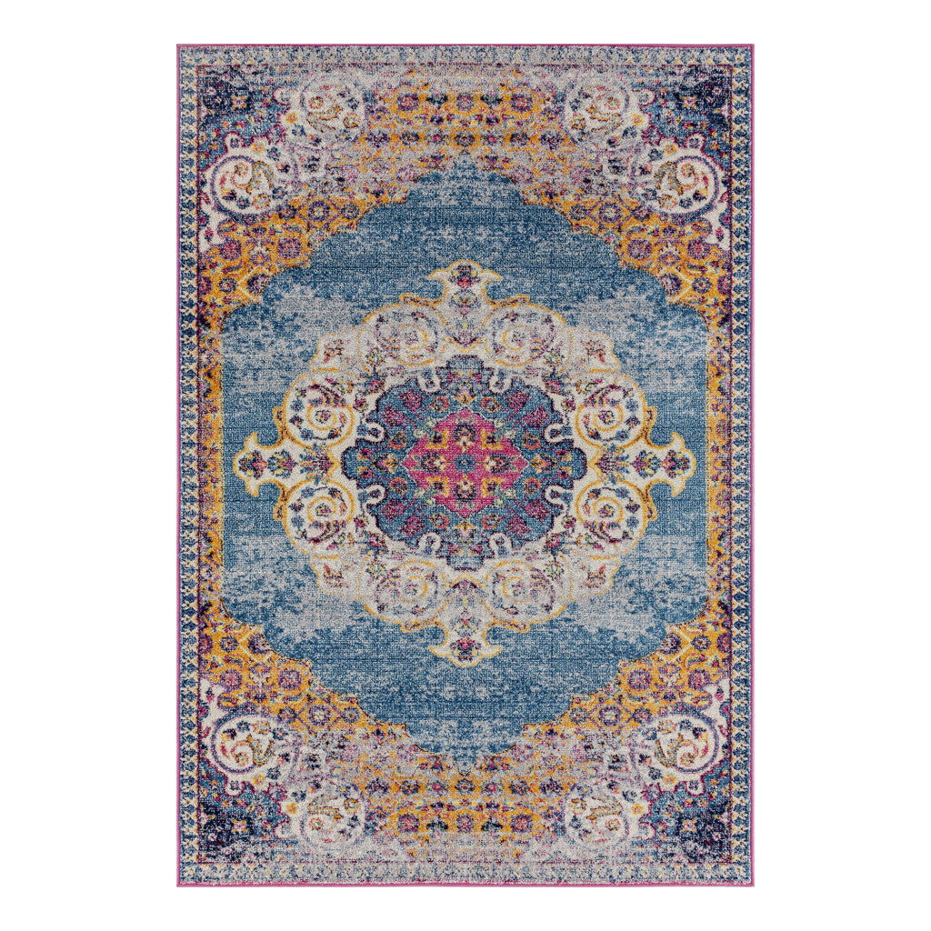 7 x 9 Blue & Orange Floral Medallion Power Loom Rug