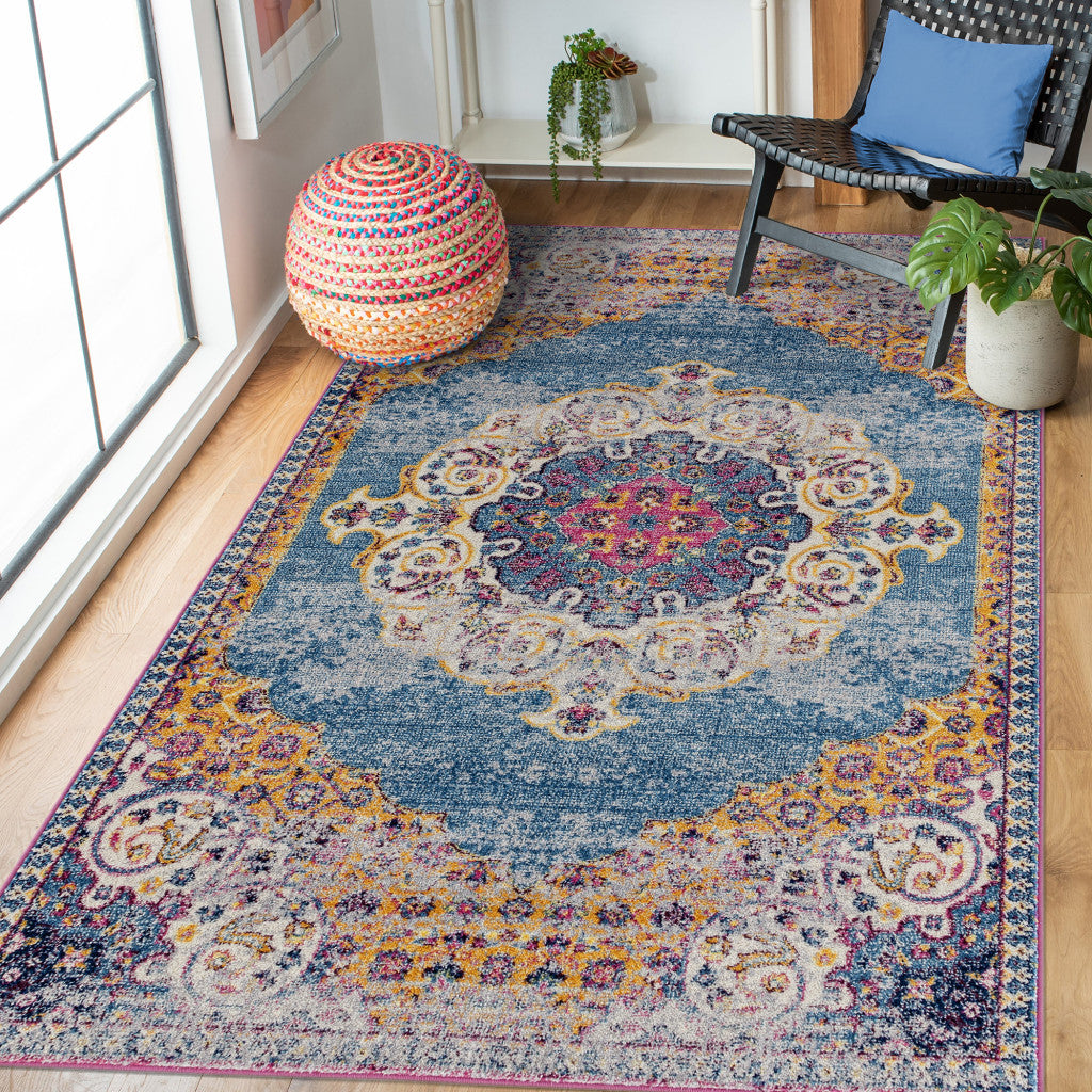 7 x 9 Blue & Orange Floral Medallion Power Loom Rug
