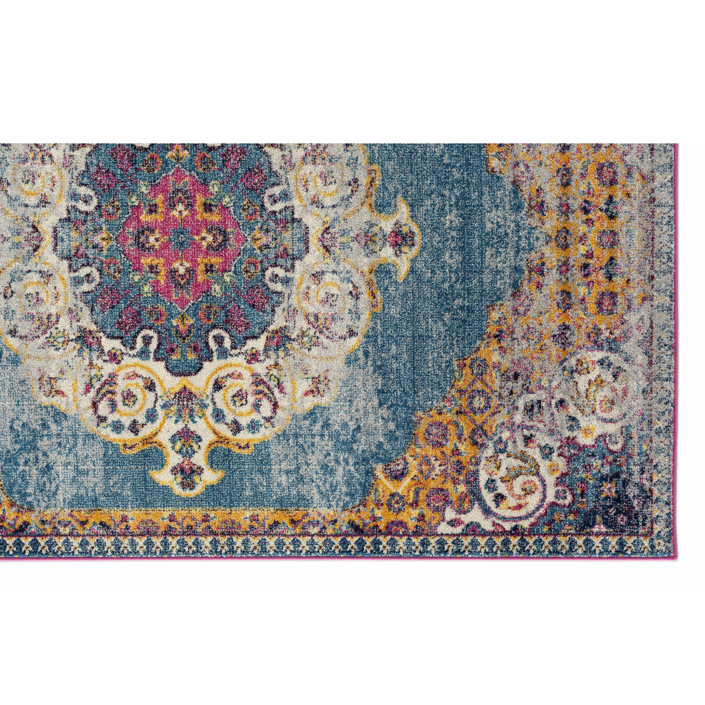7 x 9 Blue & Orange Floral Medallion Power Loom Rug