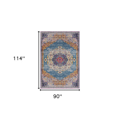 7 x 9 Blue & Orange Floral Medallion Power Loom Rug