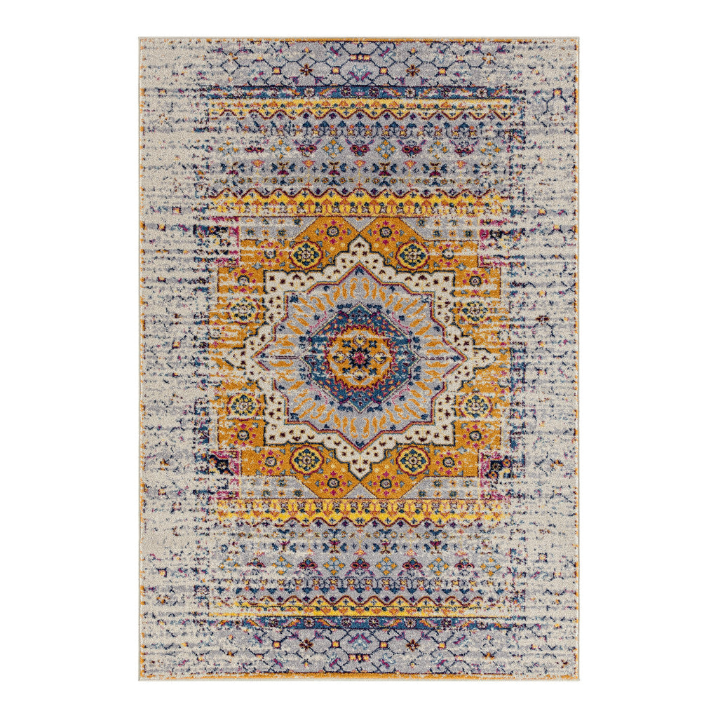 7 x 9 Ivory Navy & Orange Medallion Power Loom Rug