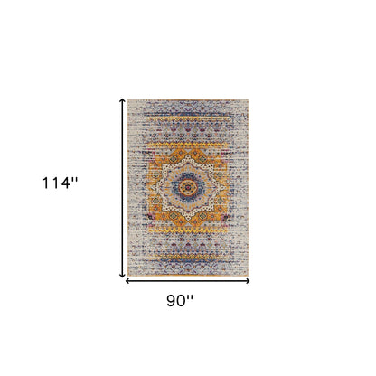 7 x 9 Ivory Navy & Orange Medallion Power Loom Rug