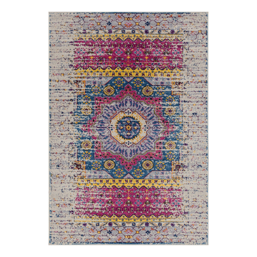 7 x 9 Ivory Pink & Blue Medallion Power Loom Rug