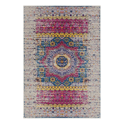 7 x 9 Ivory Pink & Blue Medallion Power Loom Rug