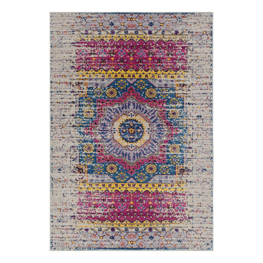 7 x 9 Ivory Pink & Blue Medallion Power Loom Rug