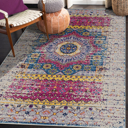 7 x 9 Ivory Pink & Blue Medallion Power Loom Rug