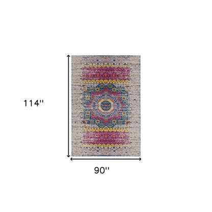 7 x 9 Ivory Pink & Blue Medallion Power Loom Rug