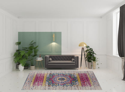 8 x 10 Ivory Pink & Blue Medallion Power Loom Rug