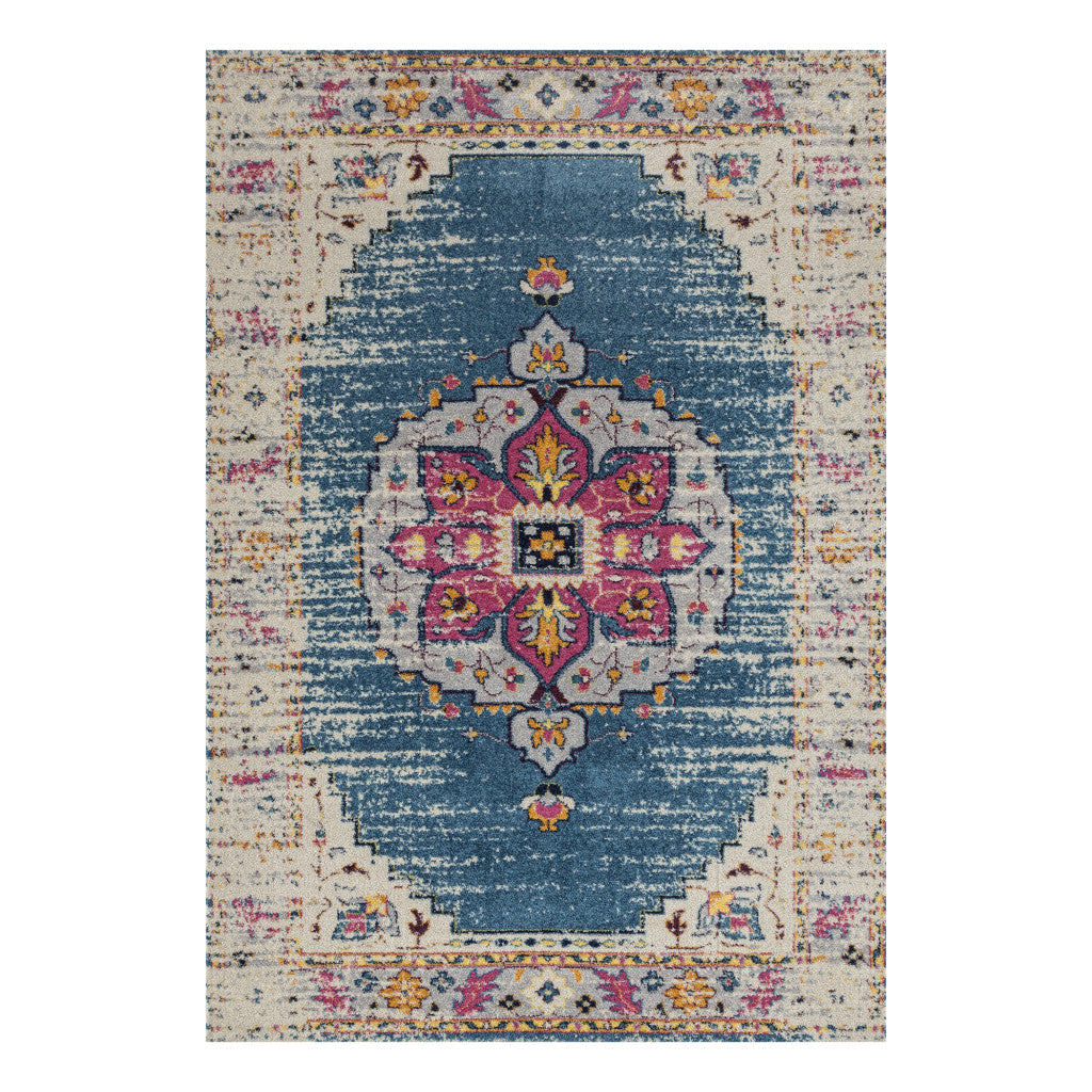 7 x 9 Turquoise Pink & Yellow Medallion Power Loom Rug