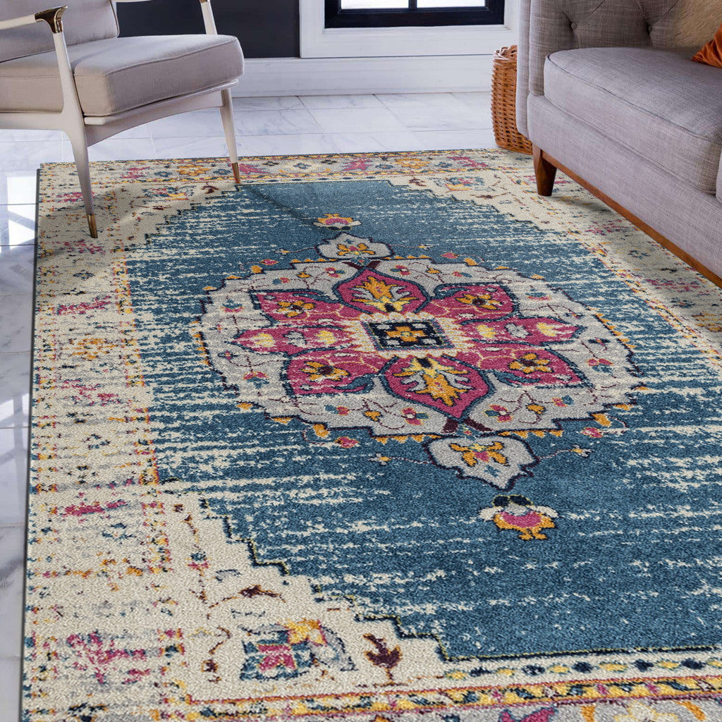7 x 9 Turquoise Pink & Yellow Medallion Power Loom Rug
