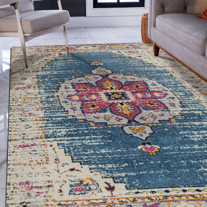7 x 9 Turquoise Pink & Yellow Medallion Power Loom Rug