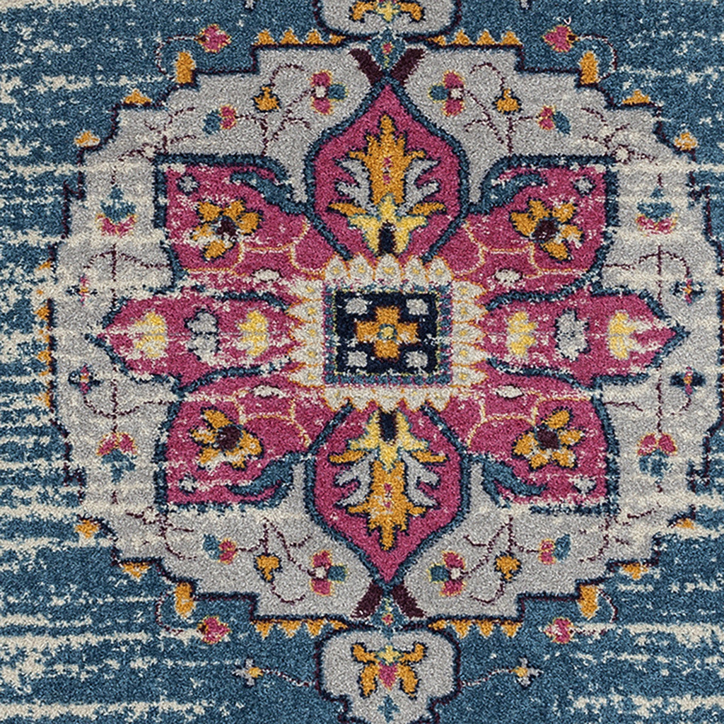 7 x 9 Turquoise Pink & Yellow Medallion Power Loom Rug