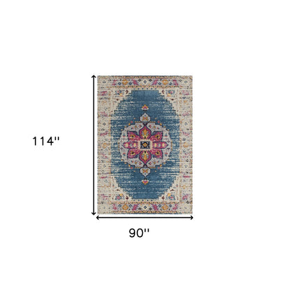 7 x 9 Turquoise Pink & Yellow Medallion Power Loom Rug