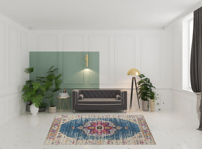 7 x 9 Turquoise Pink & Yellow Medallion Power Loom Rug
