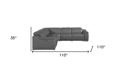 Gray Italian Leather U Shaped 5 Piece Sectional w/ Console