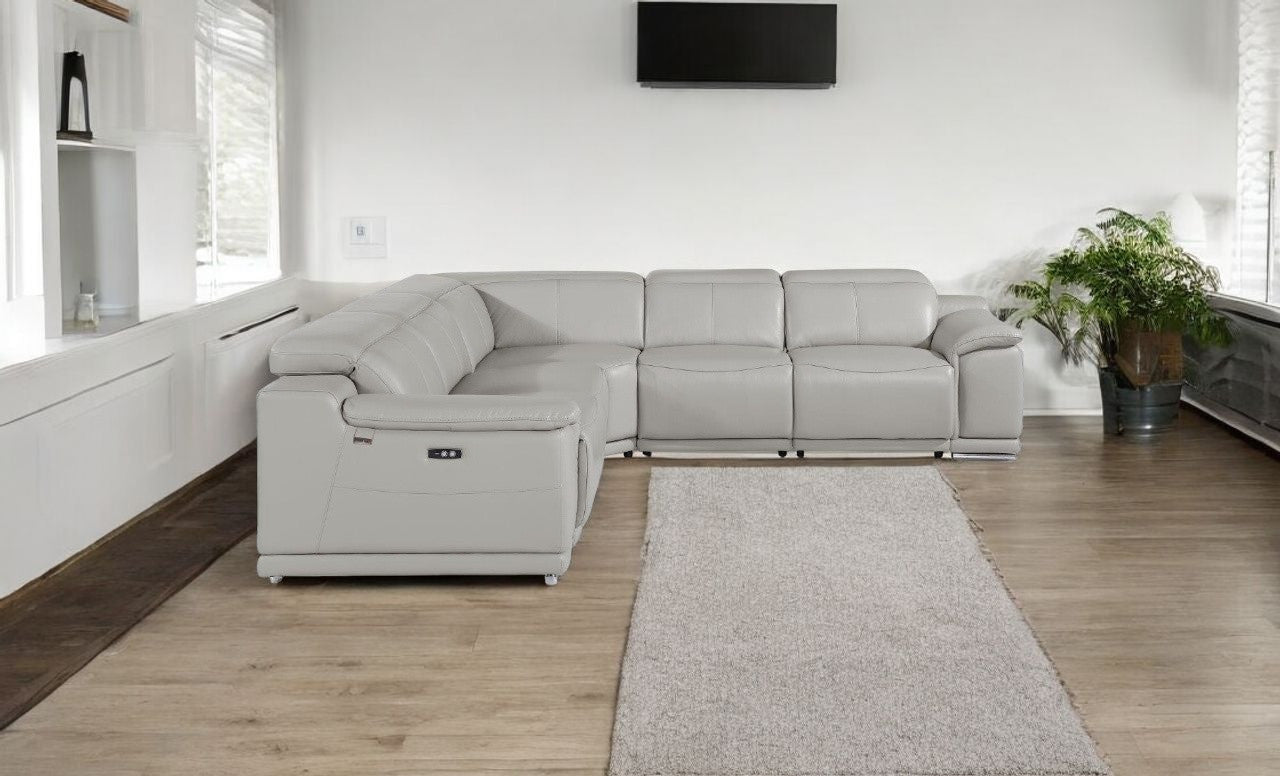Light Gray Italian Leather U Shaped 5 Piece Sectional w/ Console