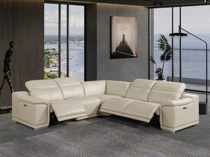 Beige Italian Leather U Shaped 5 Piece Sectional w/ Console