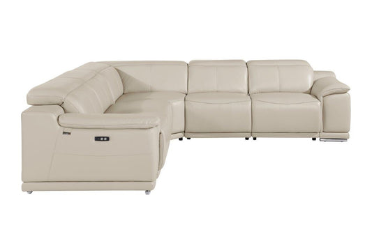 Beige Italian Leather U Shaped 5 Piece Sectional w/ Console