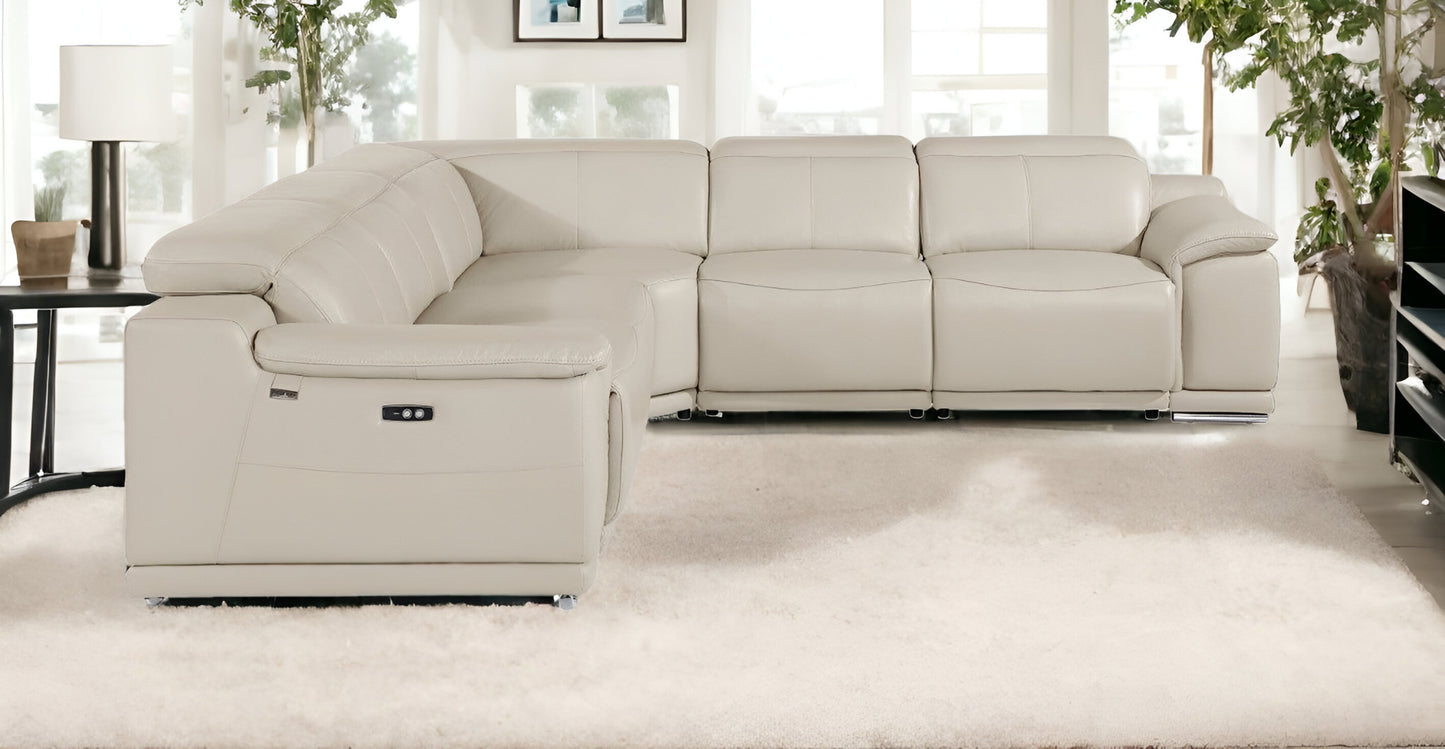 Beige Italian Leather U Shaped 5 Piece Sectional w/ Console