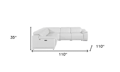 White Italian Leather L Shaped 5 Piece Sectional