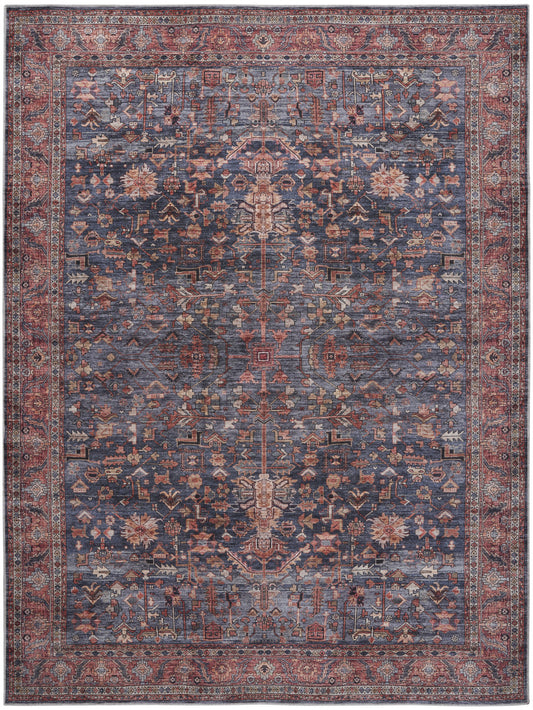 9 x 12 Blue & Red Oriental Power Loom Distressed Washable Non Skid Rug