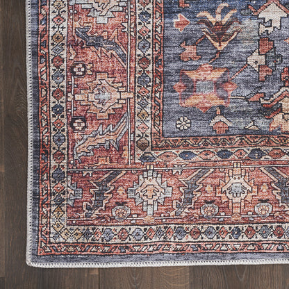 9 x 12 Blue & Red Oriental Power Loom Distressed Washable Non Skid Rug