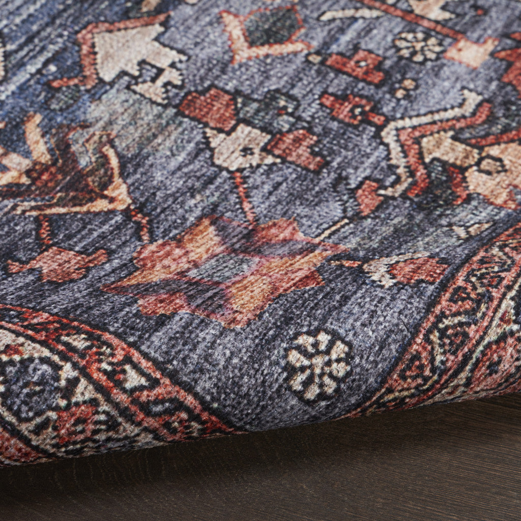 9 x 12 Blue & Red Oriental Power Loom Distressed Washable Non Skid Rug