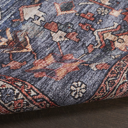 9 x 12 Blue & Red Oriental Power Loom Distressed Washable Non Skid Rug