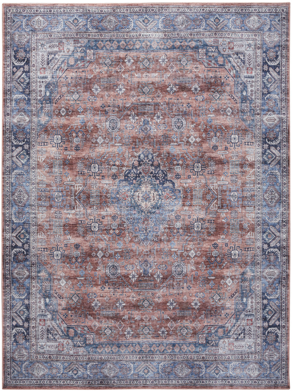 9 x 12 Blue & Red Oriental Power Loom Distressed Washable Non Skid Rug