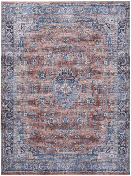 9 x 12 Blue & Red Oriental Power Loom Distressed Washable Non Skid Rug
