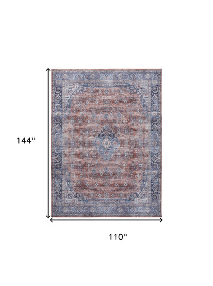 9 x 12 Blue & Red Oriental Power Loom Distressed Washable Non Skid Rug