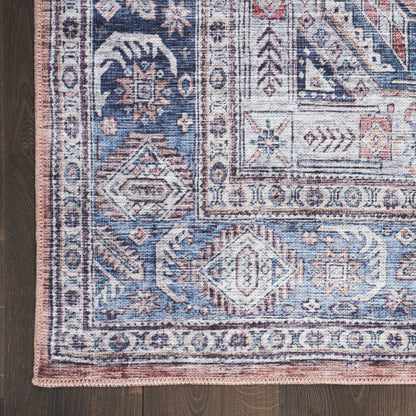 9 x 12 Blue & Red Oriental Power Loom Distressed Washable Non Skid Rug