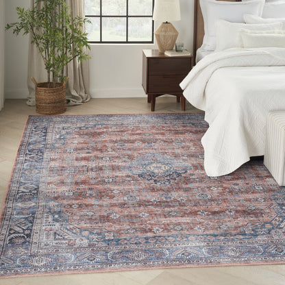 9 x 12 Blue & Red Oriental Power Loom Distressed Washable Non Skid Rug
