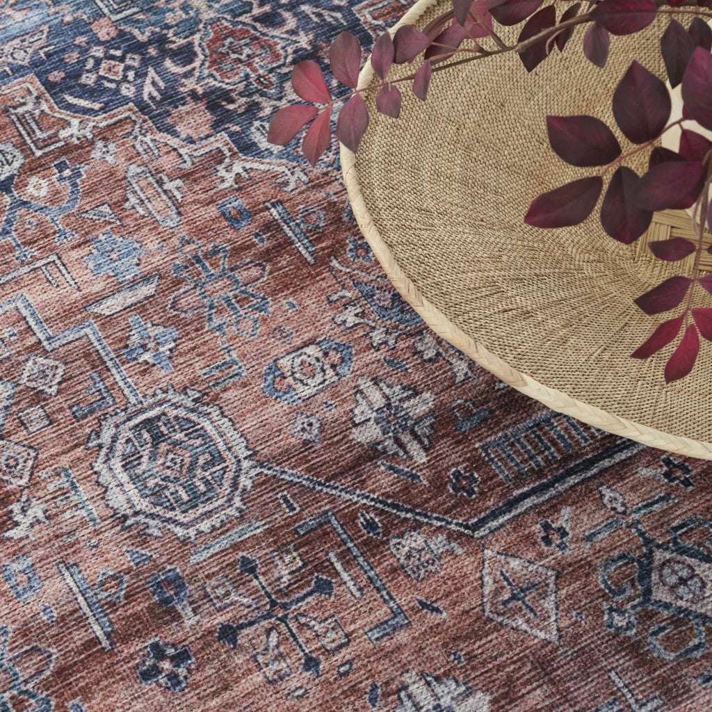 9 x 12 Blue & Red Oriental Power Loom Distressed Washable Non Skid Rug