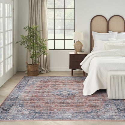 9 x 12 Blue & Red Oriental Power Loom Distressed Washable Non Skid Rug