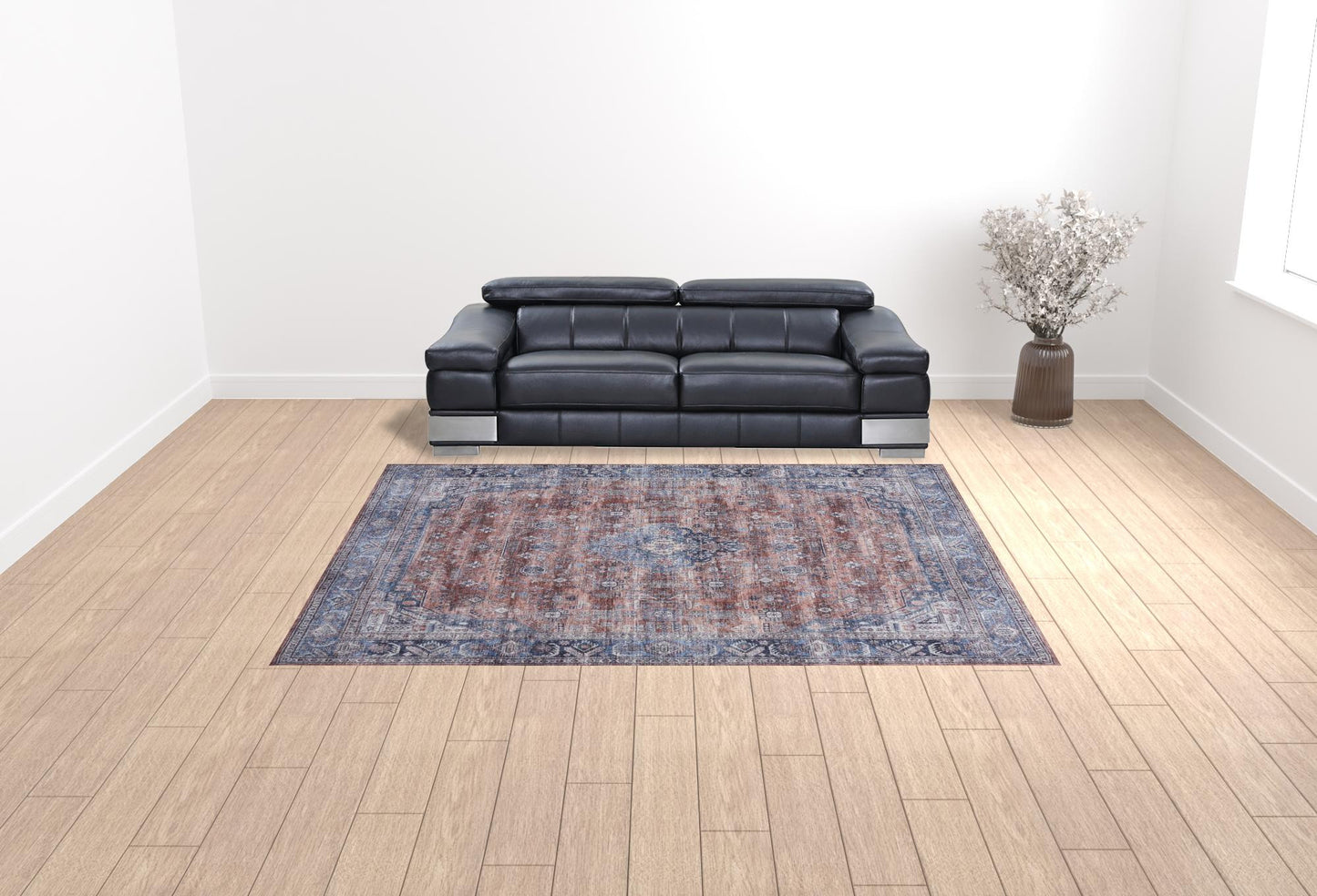 9 x 12 Blue & Red Oriental Power Loom Distressed Washable Non Skid Rug