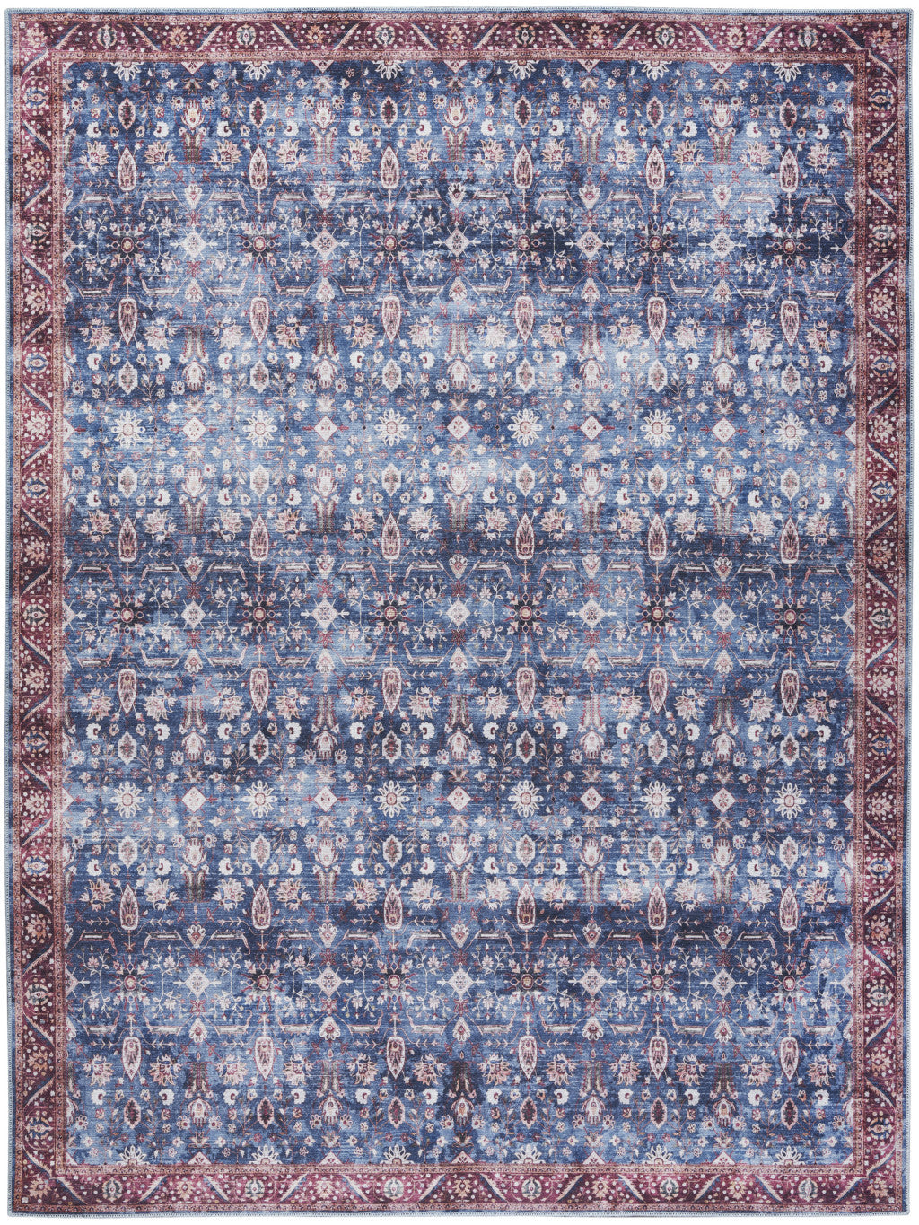 9 x 12 Blue & Red Oriental Power Loom Distressed Washable Non Skid Rug