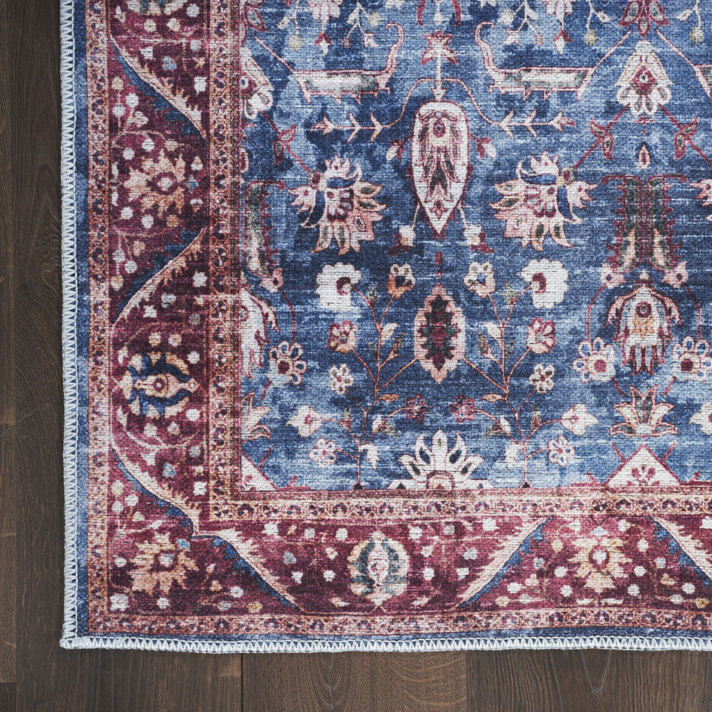 9 x 12 Blue & Red Oriental Power Loom Distressed Washable Non Skid Rug