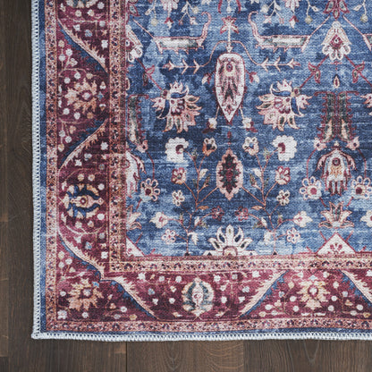 9 x 12 Blue & Red Oriental Power Loom Distressed Washable Non Skid Rug