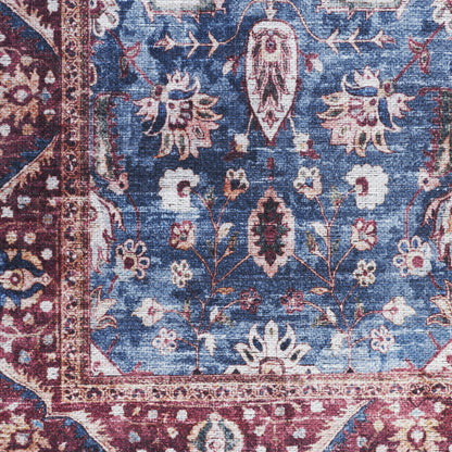 9 x 12 Blue & Red Oriental Power Loom Distressed Washable Non Skid Rug