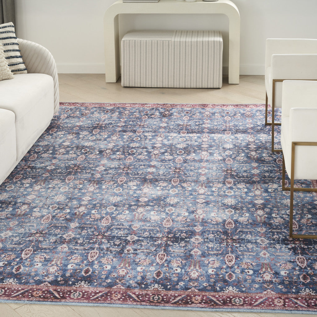 9 x 12 Blue & Red Oriental Power Loom Distressed Washable Non Skid Rug