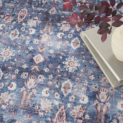 9 x 12 Blue & Red Oriental Power Loom Distressed Washable Non Skid Rug