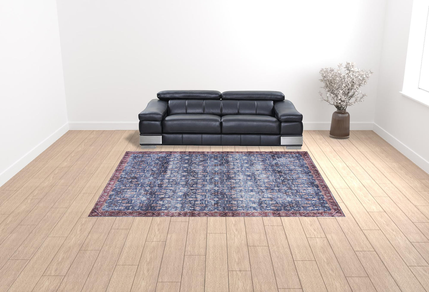 9 x 12 Blue & Red Oriental Power Loom Distressed Washable Non Skid Rug