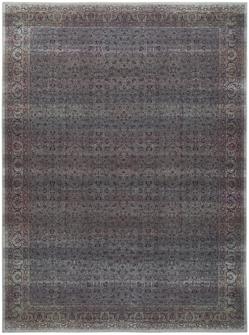 9 x 12 Blue & Brown Oriental Power Loom Distressed Washable Non Skid Rug